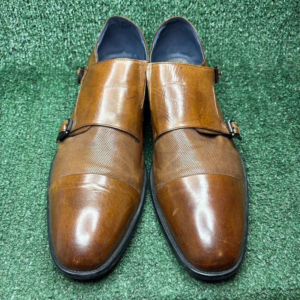 Stacy Adams Leather Textured Cap Toe Double Monk Strap Shoes Brown Mens Size 14M